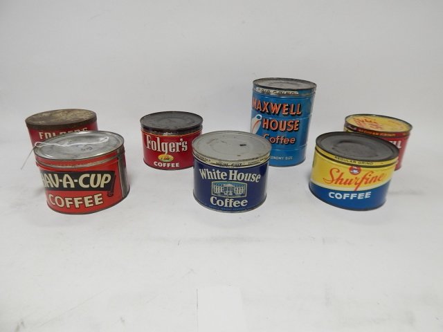 COLLECTION OF COFFEE TINS: WHITE HOUSE, SURE FIRE, AND MORE! CONDITION AS SHOWN.