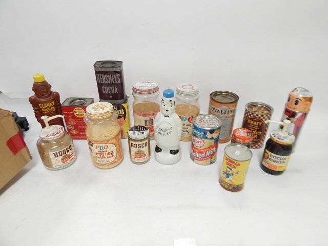 COLLECTION OF ADVERTISING BOTTLES AND TINS: CONDITION AS SHOWN.