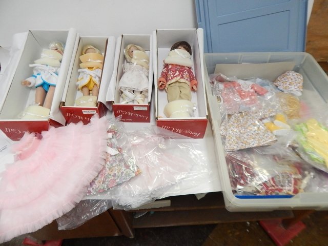 LOT OF THREE BETSY AND LINDA MCCALL DOLLS: WITH A BOX OF CLOTHES. HEADS ARE LOOSE AND ALL NEED TO BE RE-STRUNG. ALL ARE NEW IN THE BOX AND NEVER PLAYED WITH.