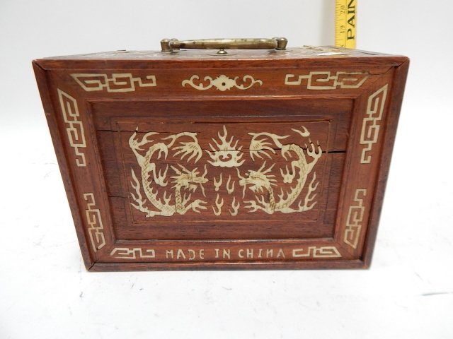 MAH JONG SET: BOX INLAID WITH BONE, CARVED BONE PIECES, INCOMPLETE. MINOR WARPS AND CRACKS IN CASE