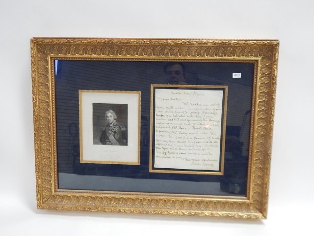 LORD NELSON ENGRAVING WITH SIGNED LETTER: ENGRAVING OF ADMIRAL HORATIO NELSON WITH LETTER SIGNED BY NELSON AND BRONTE. MATTED AND FRAMED,20" X 27"