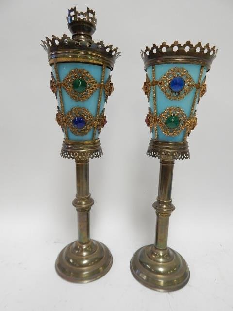 PAIR OF BLUE OPALINE JEWELED CANDLESTICKS: PAIR OF BLUE OPALINE JEWELED CANDLESTICKS,MISSING 1 LID