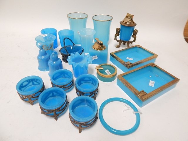 LOT OF BLUE OPALINE: COLLECTION OF BLUE OPALINE SALT DIPS, LIGHTERS, AND MORE