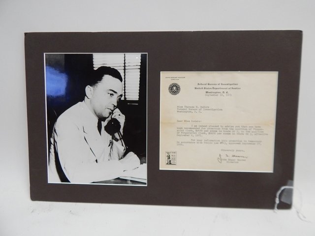 JOHN EDGAR HOOVER LETTER AND PHOTO: FBI LETTER FOR EMPLOYEE PROMOTION, SIGNED. UNFRAMED