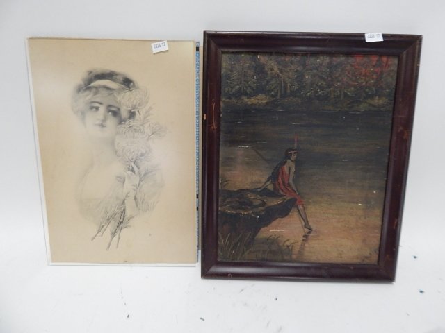 GIBSON GIRL PRINT AND OIL ON BOARD INDIAN PIC: 14" X 11" ON LARGEST. INDIAN PICTURE ROUGH.