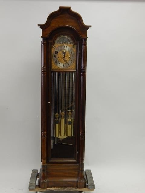 HERSCHEDE 9 TUBE GRANDFATHERS CLOCK: CHRISTOPHER COLUMBUS CLOCK CASE, GREAT FINISH, IN WORKING CONDITION HERE GUARANTEE ON WORKS VOID AFTER LEAVES BUILDING 87" TALL 24" WIDE 16" DEEP