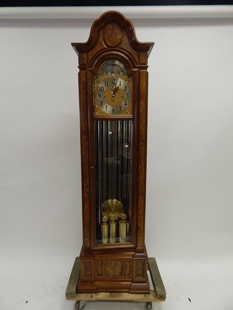 HERSCHEDES GRANDFATHER CLOCK: 9 CHIMES, WORKING HERE BUT NOT GUARANTEED, BURLED WOOD CASE, KEY AND INSTRUCTIONS 86" TALL X 23" WIDE, MODEL 230