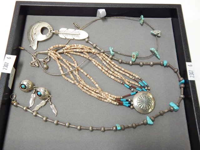SOUTHWESTERN STERLING SILVER BEADED JEWELRY: CHOKERS, EARRINGS, PINS, NECKLACE.
