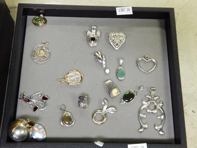 LOT OF STERLING SILVER PENDANTS: SOME WITH MULTI COLORED STONES