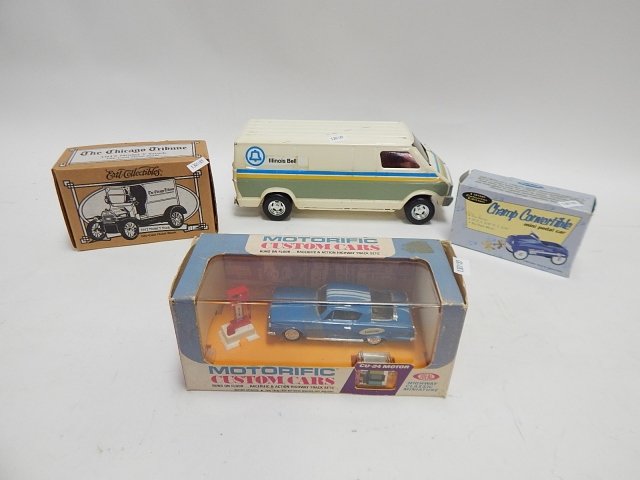 COLLECTION OF CARS: ILLINOIS BELL VAN, CHICAGO TRIBUNE, MOTORIFIC TRACK CAR. SOME ARE NEW IN BOX.