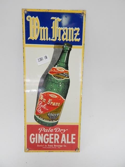 FRANZ BEVERAGE SIGN: WM FRANZ GINGER SALE SIGN. 9.5" X 4" MINOR EDGE RUST