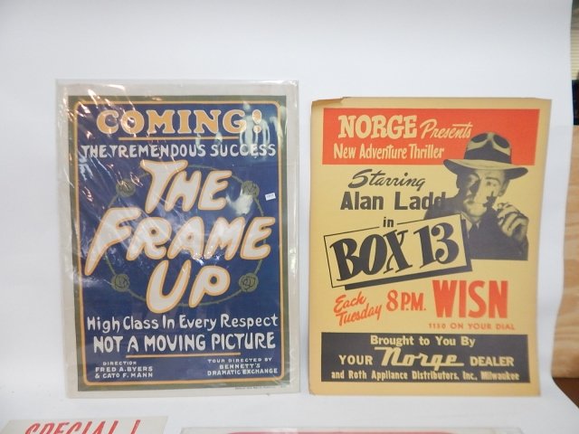 MOVIE POSTERS AND ADVERTISING: BOX 13, THE FRAME UP, OLD COLONY, VITAMINS, SMIRNOFF AD WITH HARPO