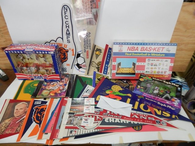 LOT OF SPORTS PENNANTS AND GAMES: LARGE COLLECTION.