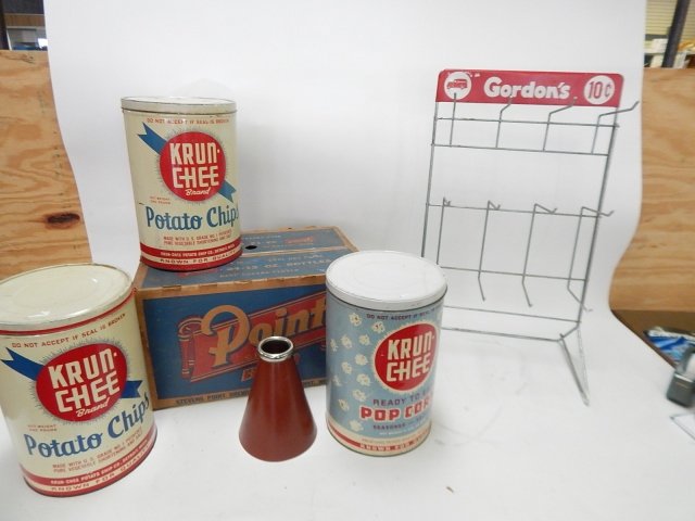 LOT OF ADVERTISING: POTATO CHIP TINS, POINT BEER CRATE, AND MORE.