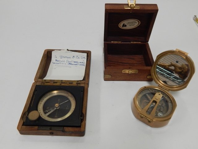 A STOPPANI & CO SCIENTIFIC INSTRUMENT: IN WOOD CASE ALONG WITH REPRODUCTION COMPASS IN WOOD CASE.