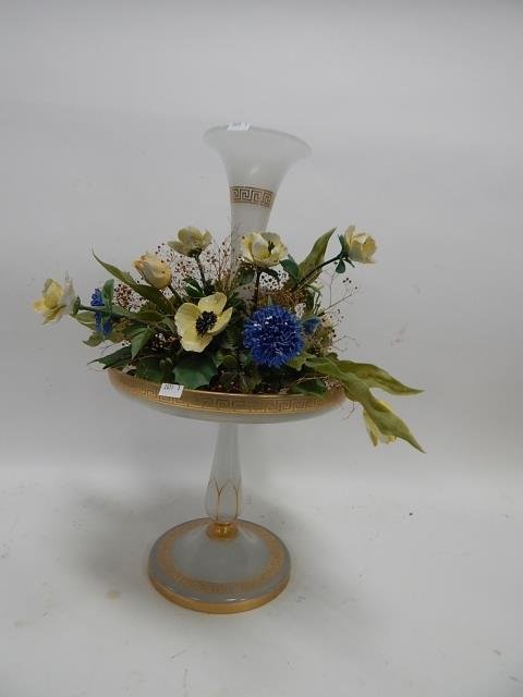 BRISTOL GLASS CENTERPIECE: WITH PORCELAIN FLOWERS, 20" TALL