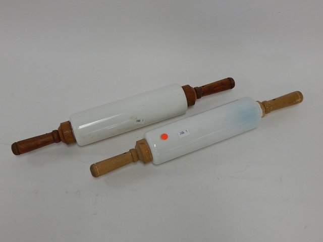TWO MILK GLASS ROLLING PINS: TWO MINOR CHIPS ON ENDS.