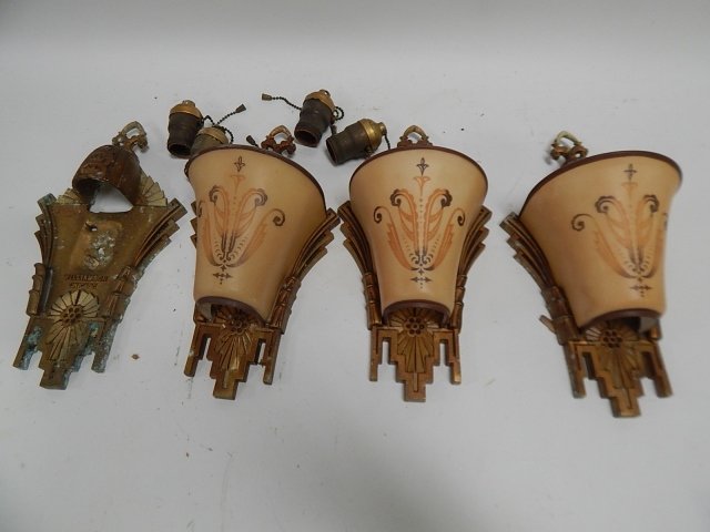 4 DECO WALL SCONCES: 3 HAVE SHADES, LIGHT SOCKETS SEPERATE, WILLIAMSON AND BEARDSLEE CHICAGO