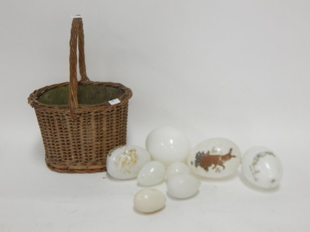MILK GLASS EASTER EGGS WITH BASKET: 4 LARGE, 4 SMALL EGGS. BASKET IS 12" TALL.