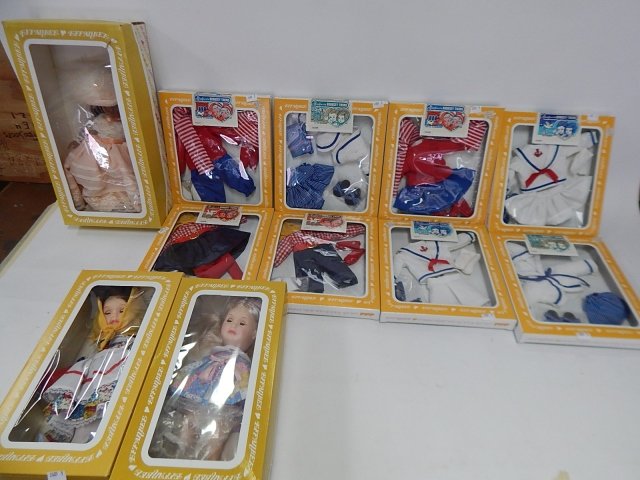EFFANBEE DOLLS AND CLOTHING: 8 SETS OF CLOTHES AND 3 DOLLS. 1406, 1410, 1158.