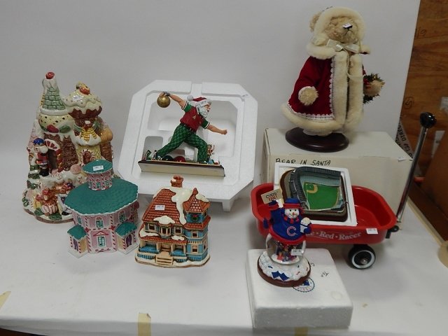 NUTCRACKER CENTERPIECE, BOWLING SANTA, BEAR. SLED: PLUS HOUSES.