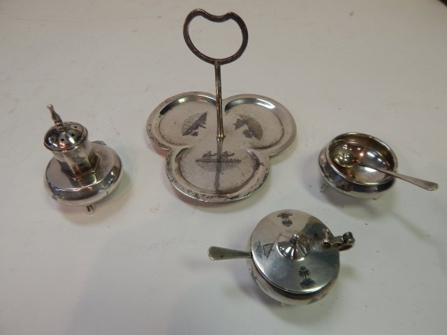 STERLING SILVER CONDIMENT SET WITH ETCHING: MIDDLE EASTERN ETCHING.