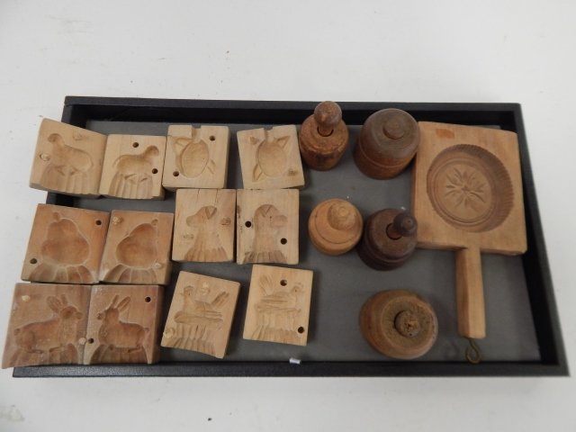 12 WOODEN BUTTER MOLDS: VARIOUS DESIGNS AND TYPES