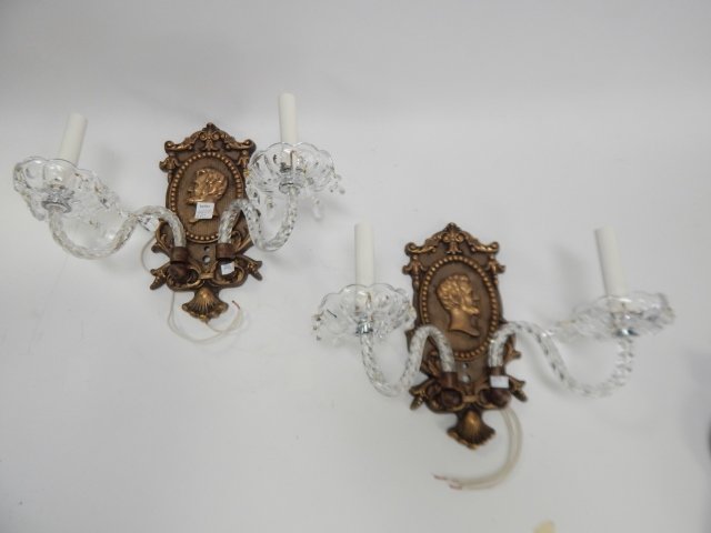 PAIR OF BRONZE AND CRYSTAL WALL SCONCES: BUST OF ABRAHAM LINCOLN. SIGNED P. SUSRAL. 12" TALL.