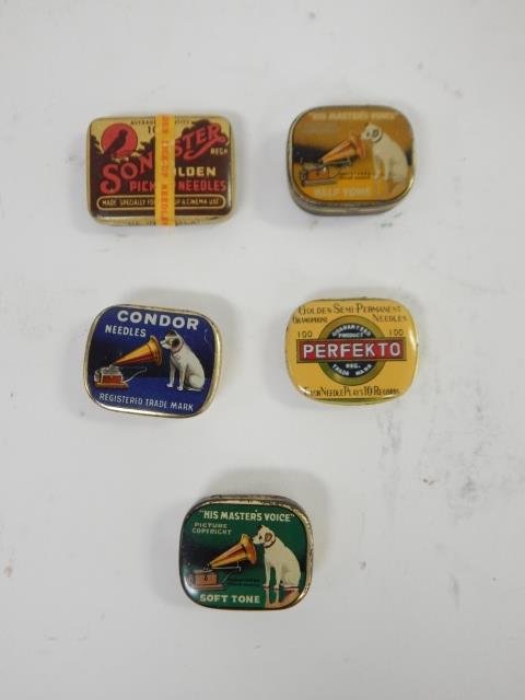 PHONOGRAPH NEEDLE TINS: THE MASTERS VOICE, PERFEKTO, SOME WITH NEEDLES.
