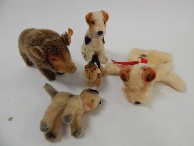 STEIFF BOAR, PUPPET AND TERRY DOG: TOGETHER WITH DOG MARKED US ZONE GERMANY AND UNMARKED CAT