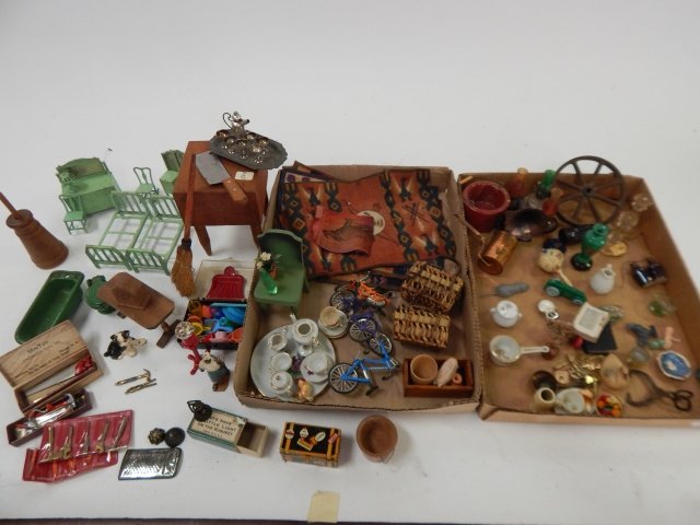 LARGE LOT OF DOLL HOUSE FURNISHINGS: GREEN TOOTSIE TOY BEDROOM SET, BUTCHER BLOCK, TOOL CHEST, CARPETS, COCKTAIL SET, MANY ACCESSORIES. ALL IN AS IS CONDITION