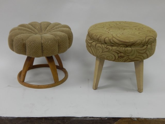 HEYWOOD WAKEFIELD VANITY STOOL & ANOTHER: VINTAGE FOOTSTOOL. HEYWOOD WAKEFIELD STOOL 18" X 19".