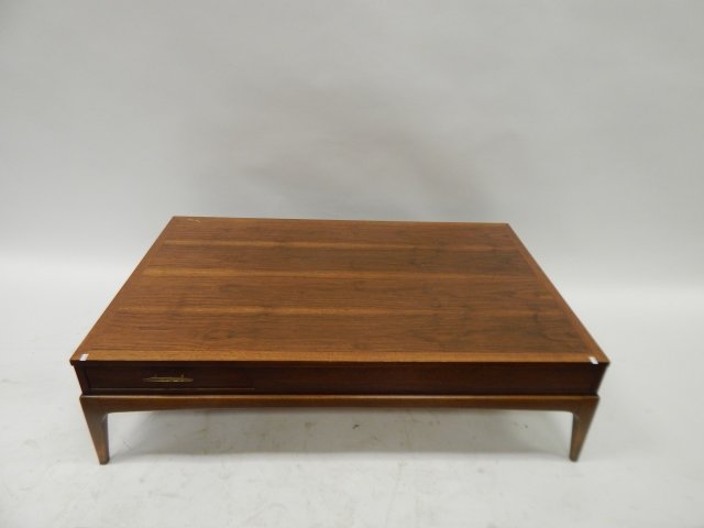 LANE COFFEE TABLE: 14 1/2" TALL X 52" LONG X 32" DEEP. REFINISHED. MINOR SCUFFS AND SCRATCHES.