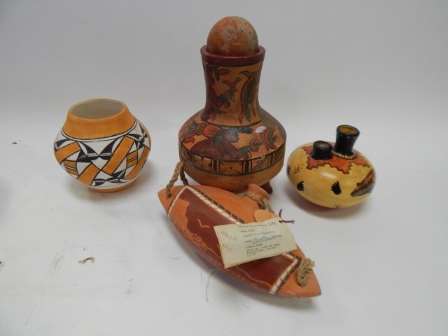 FOUR PIECES OF NATIVE AMERICAN POTTERY: TALLEST IS 9". JEANNETTE BROCKELSBY, S. CHINO ACOMA. MEXICAN WATER BOTTLE.