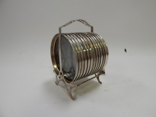 STERLING SILVER COASTERS IN HOLDER: ETCHED GLASS BOTTOM, 12 COASTERS WITH HOLDER