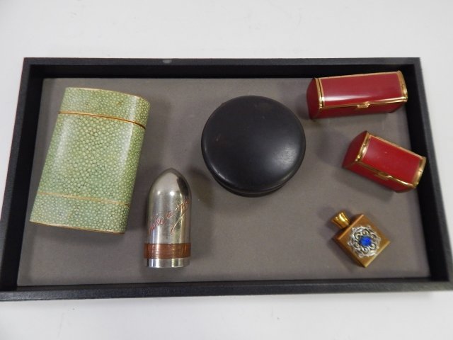 PERFUME BOTTLE, COMPACTS, SHOT GLASSES: FRENCH PERFUME BOTTLE, TORTOISE POWDER BOX, SHOT GLASS SET, 6 PCS