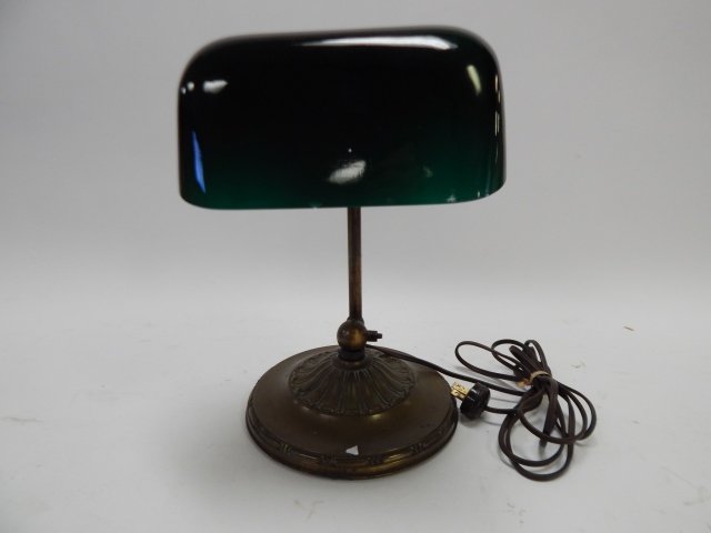 EMERALITE BANK LAMP: SMALL CHIP ON THE FRONT OF SHADE. 13" TALL.