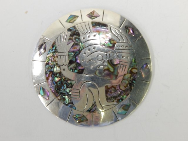 STERLING SILVER BROOCH INLAID WITH ABALONE: MARKED PLAYN. 2 3/4".