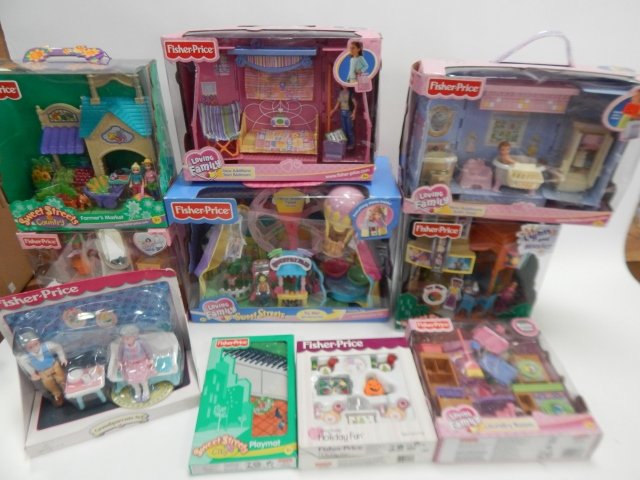 9 FISHER PRICE PLAY SETS: COUNTRY FAIR, TEEN BEDROOM. NURSERY, DINNER AND A SHOW, PARENTS BEDROOM, AND A FARMERS MARKET AND MORE. IN ORIGINAL BOXES.