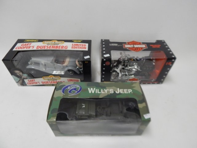 THREE COLLECTORS CARS: GARY COOPERS DUESENBERG; 1/10 SCALE HARLEY DAVIDSON; WILLY JEEP.