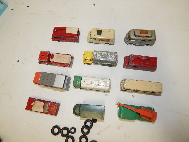 LOT OF 12 LESNEY MATCHBOX CARS: 12 LESNEY MATCHBOX CARS, SOLD AS IS. SCRUFFS AND SCRATCHS, PEELING PAINT, ROUGH CONDITION.
