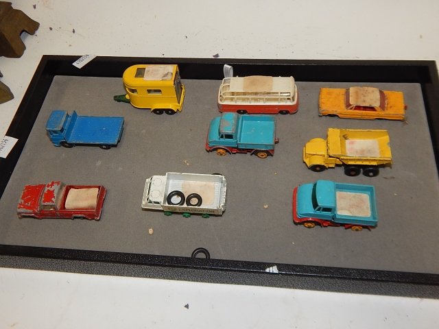 LOT OF 9 LESNEY MATCHBOX CARS: LESNEY MATCHBOX, CARS AND TRUCKS, 9 PIECES. DIRTY, ROUGHED UP, CHIPPED PAINT, SOLD AS IS.