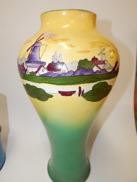 HAYNES WARE DECORATED VASE, AS IS: 13" TALL. HAIRLINE CRACKS IN TOP