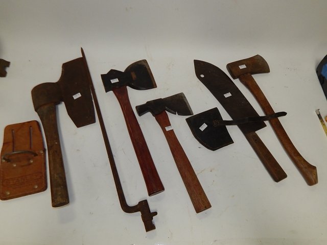 PLUMB, BROAD, AND BAYONET AXE, PLUS BUTCHER KNIFE (1 of 5)