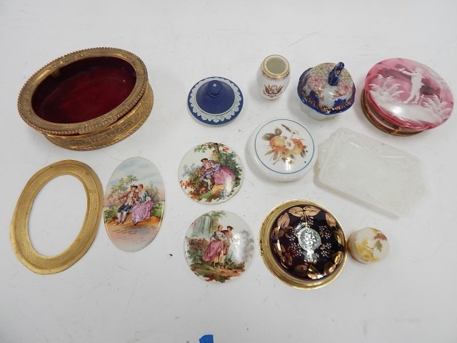 FRENCH DRESSER BOX: WITH PORCELAIN INSERT. NEEDS ASSEMBLY. WITH ASSORTED GLASS AND PORCELAIN LIDS.