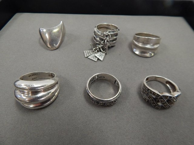 6 STERLING RINGS: TWO HAVE MARCASITE STONES.