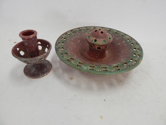 POTTERY CENTER BOWL WITH ONE CANDLE STICK: UNSIGNED. 10" IN DIAMETER. IN GOOD CONDITION. OLD FLORAL TAPE IN FLOWER FROG.