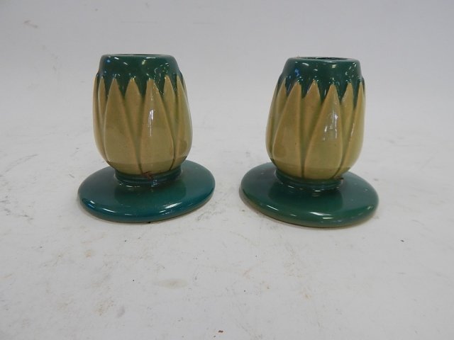 PAIR OF LOTUS POTTERY CANDLE STICKS: 3" TALL.