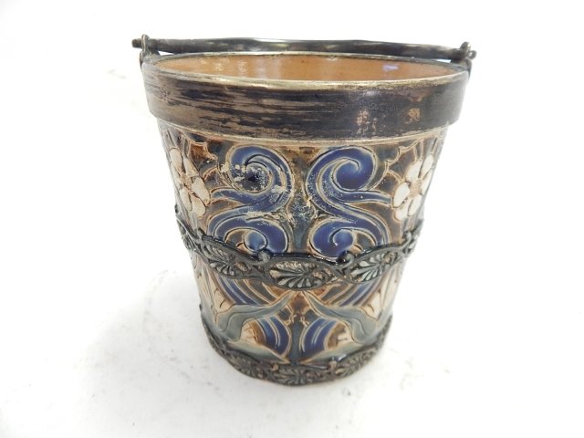 ENGLISH POTTERY BUCKET: WITH METAL RIM AND HANDLE. MARKED LAMBETH DOULTON 1882. 5" TALL.