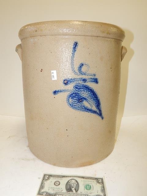 6 GALLON REDWING DECORATED CROCK: WITH SPIDER CRACK. 14" TALL.